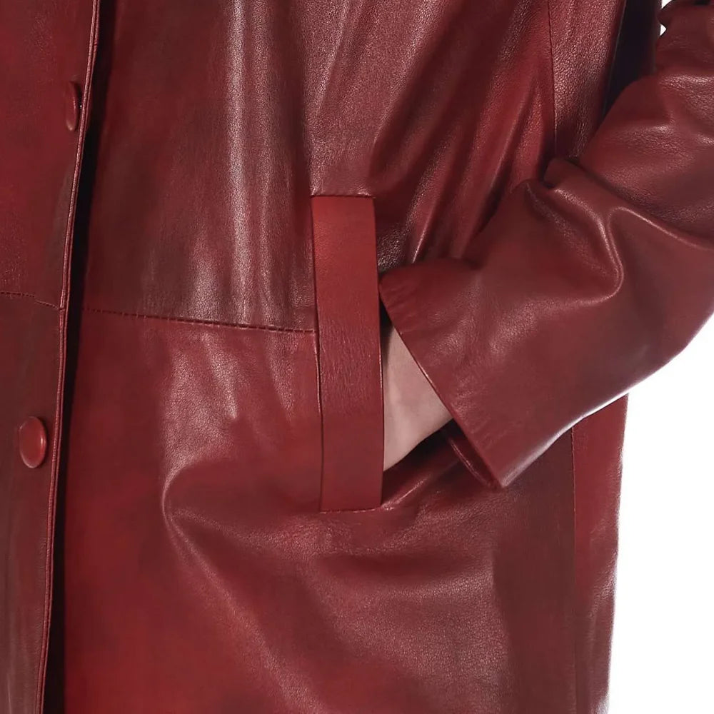 Women’s Leather Button-Up Burgundy Real Leather Coat