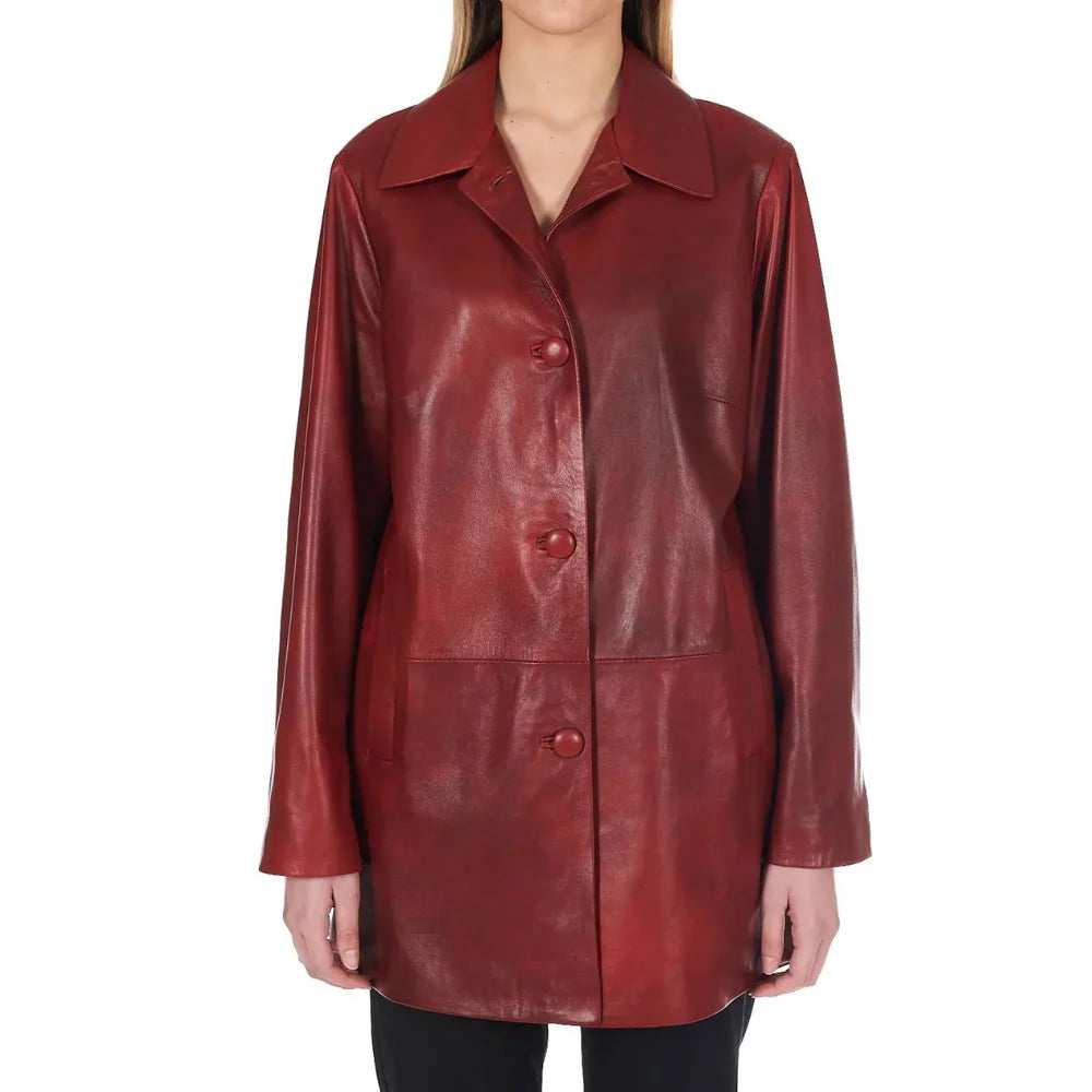Women’s Leather Button-Up Burgundy Real Leather Coat