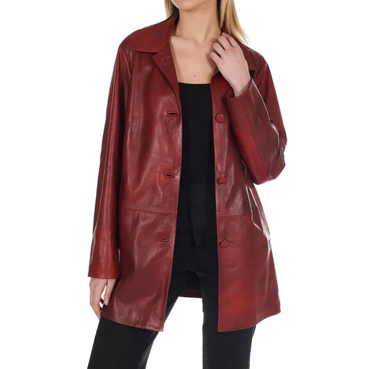 Women’s Leather Button-Up Burgundy Real Leather Coat
