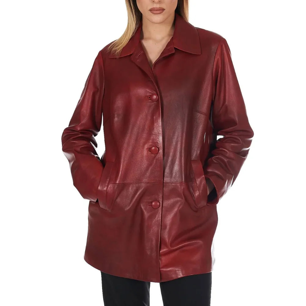 Women’s Leather Button-Up Burgundy Real Leather Coat