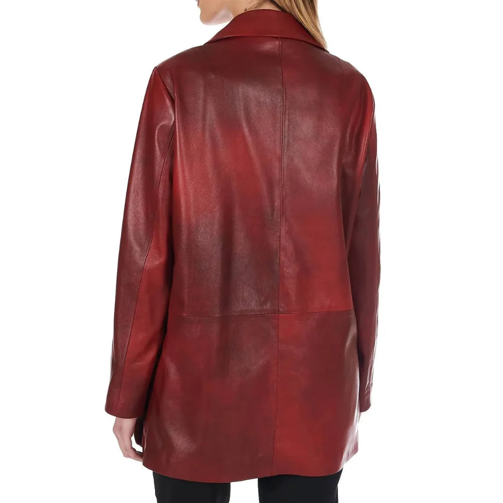 Women’s Leather Button-Up Burgundy Real Leather Coat