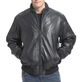 YKK front zipper on men’s black lambskin bomber jacket