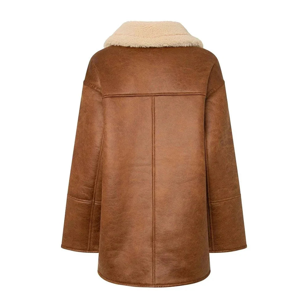 Tall Women’s Brown & White Sherpa Aviator Leather Jacket