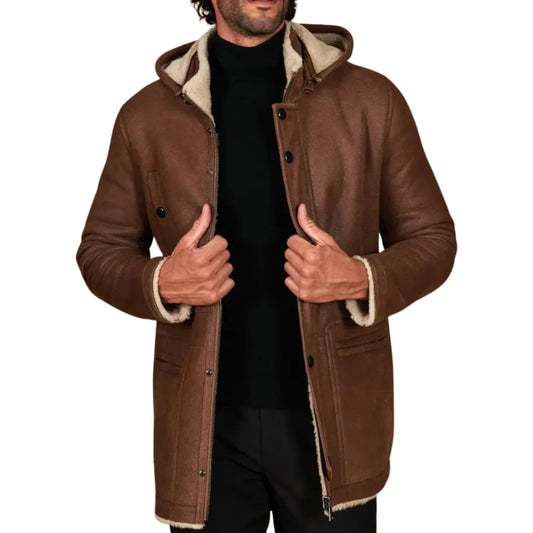 Men’s Tan Shearling Lambskin Leather Coat with Detachable Parka Hood