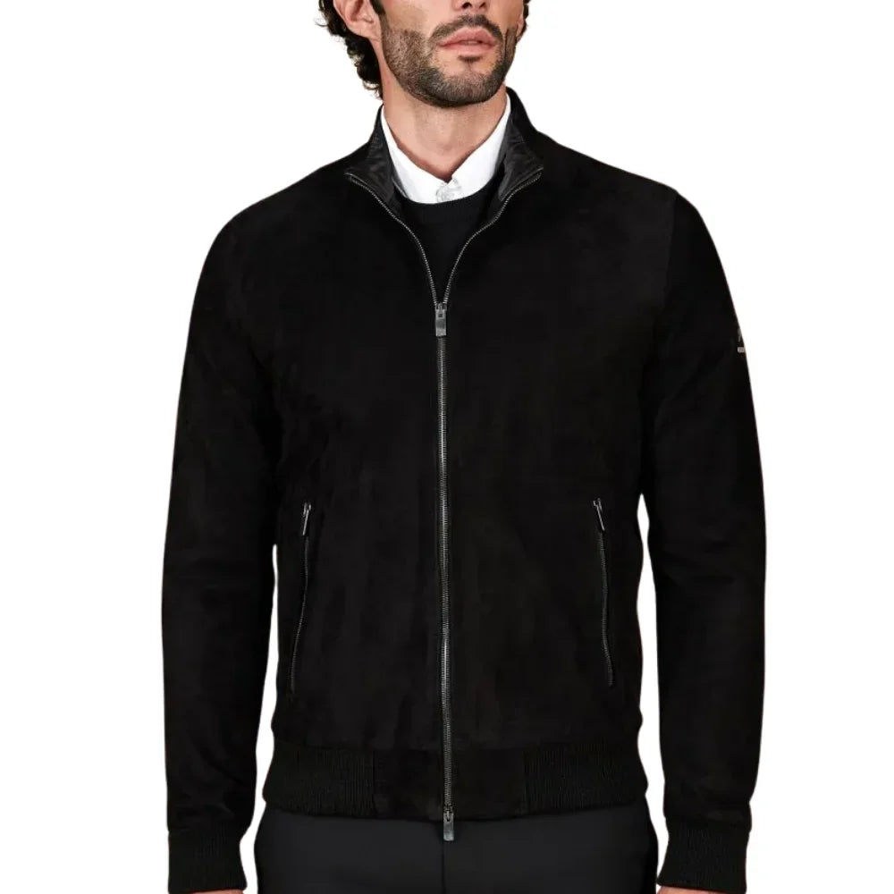 Mens Sheepskin Black Suede Leather Bomber Jacket