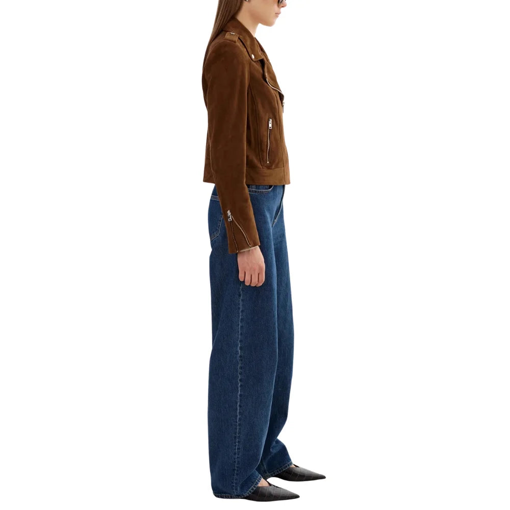 Suede-Women's-Dark-Brown-Biker-Jacket-Belted-Waist
