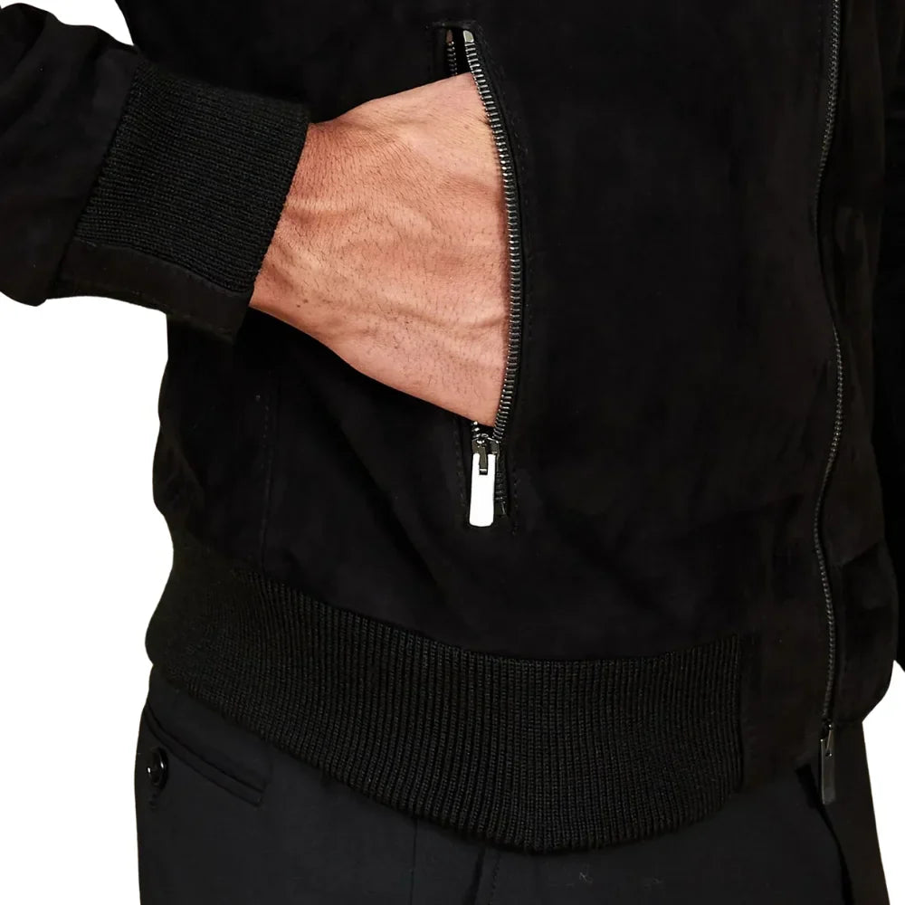 Mens Sheepskin Black Suede Leather Bomber Jacket