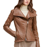 Women’s Tan Moto Leather Jacket with Wide Lapel Collar