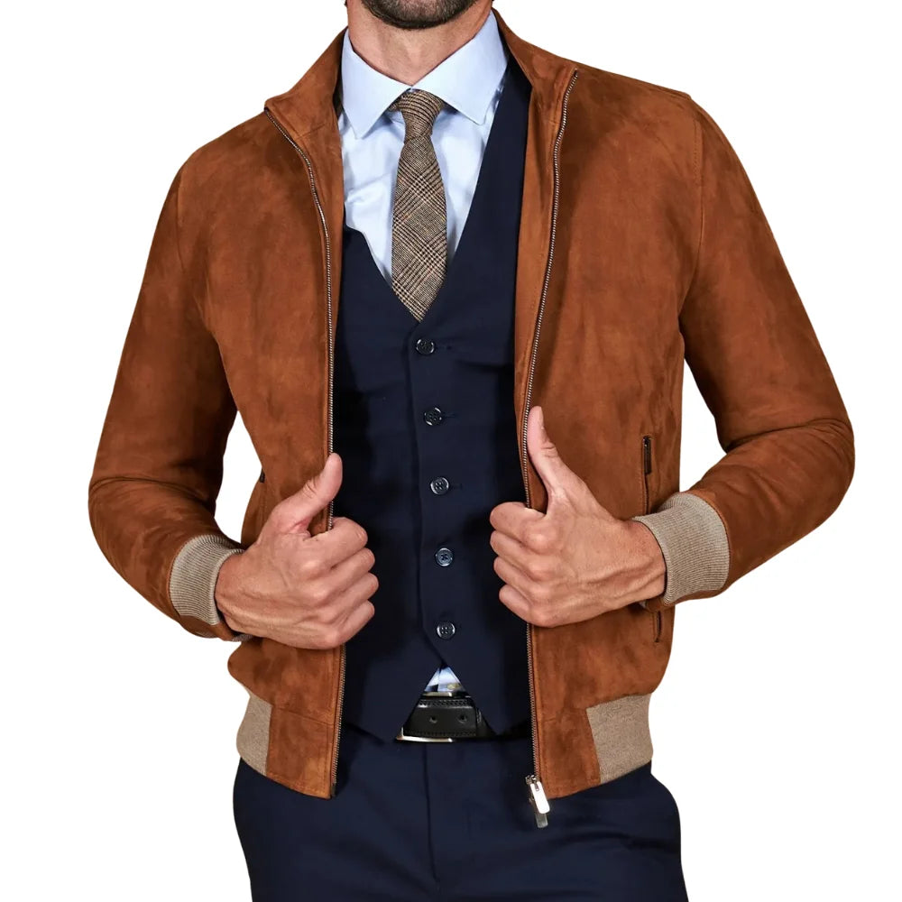 Tan_suede_lamb_leather_bomber_jacket_korean_collar