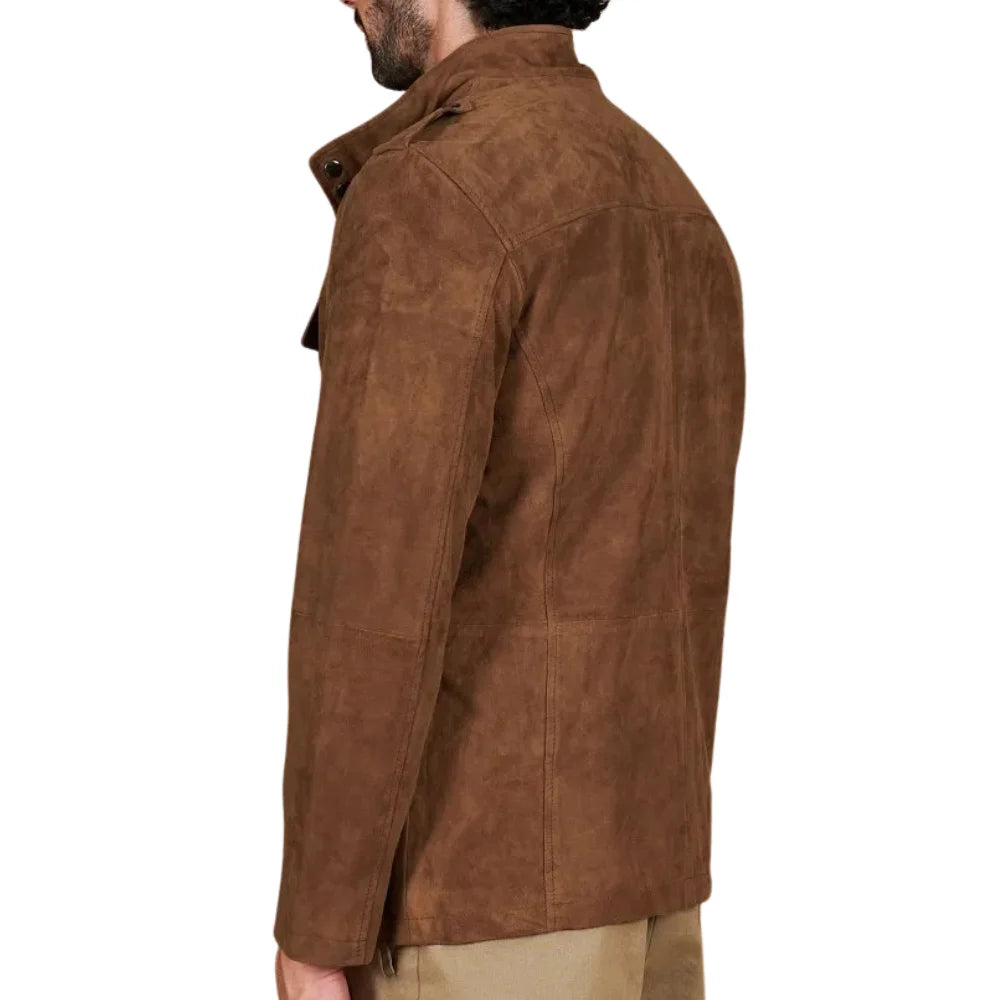 Men's Sahara Brown Suede Leather Coat With Patch Pockets
