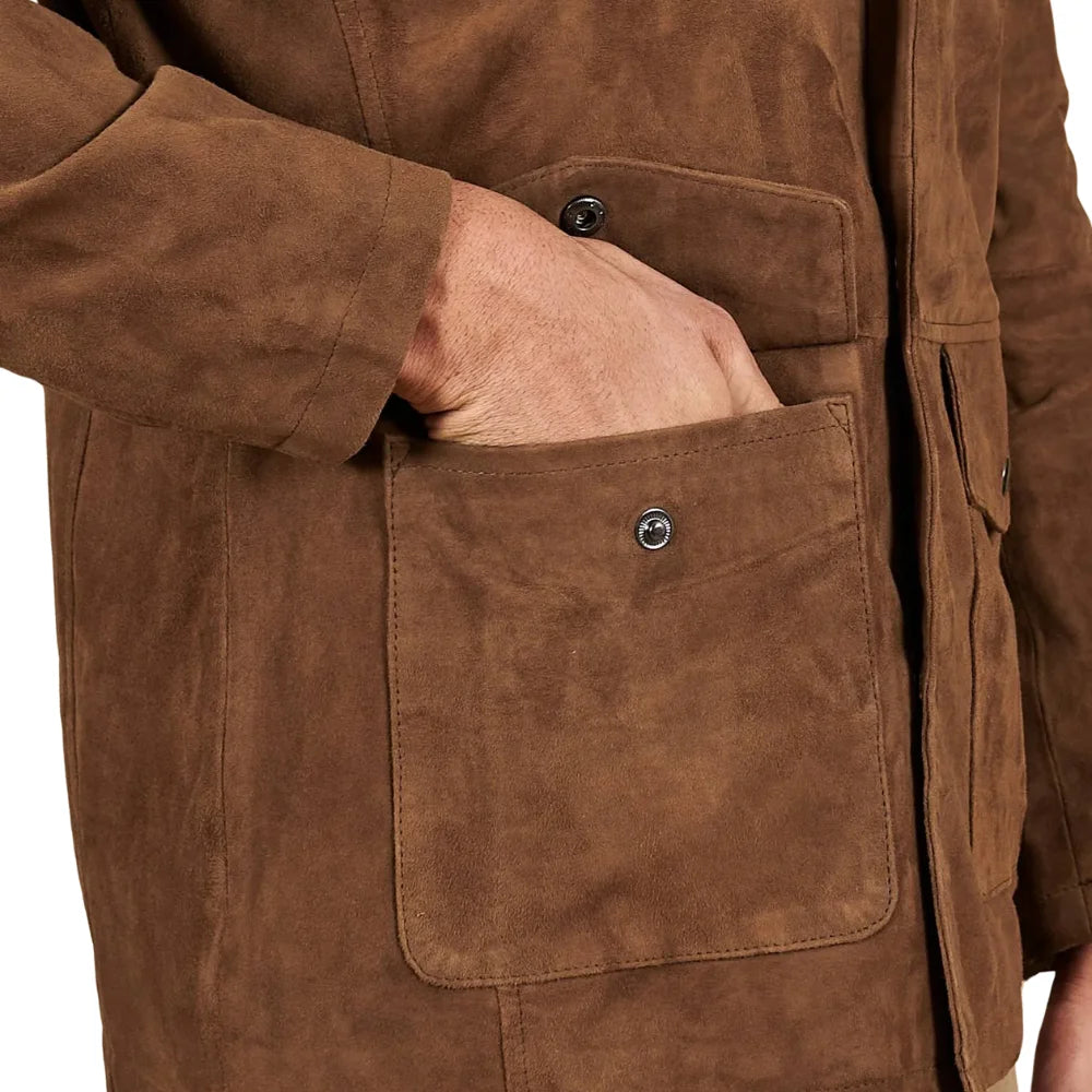Men's Sahara Brown Suede Leather Coat With Patch Pockets