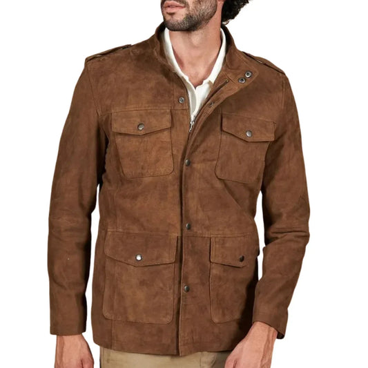 Men's Sahara Brown Suede Leather Coat With Patch Pockets - Trendy Jacket