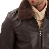 Maverick Vintage Brown Leather Bomber Jacket with Detachable Sherpa Collar