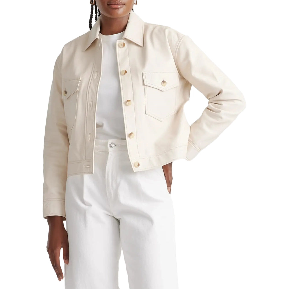 Womens Cropped Cream Leather Jacket Shirt Style – Trendy Jacket