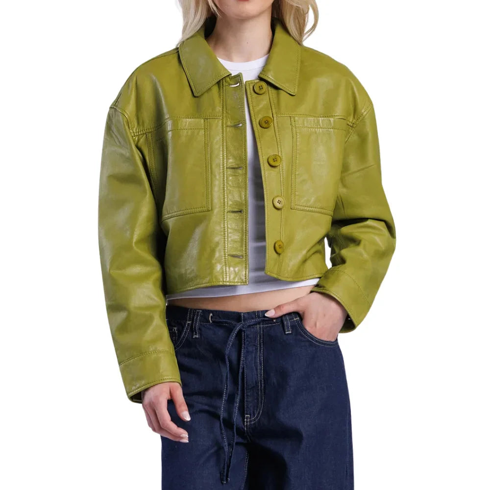 Women’s Green Cropped Real Leather Jacket with Button Front - Trendy Jacket