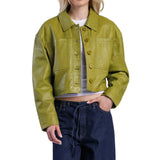 Women’s Green Cropped Real Leather Jacket with Button Front - Trendy Jacket