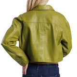 Women’s Green Cropped Real Leather Jacket with Button Front - Trendy Jacket