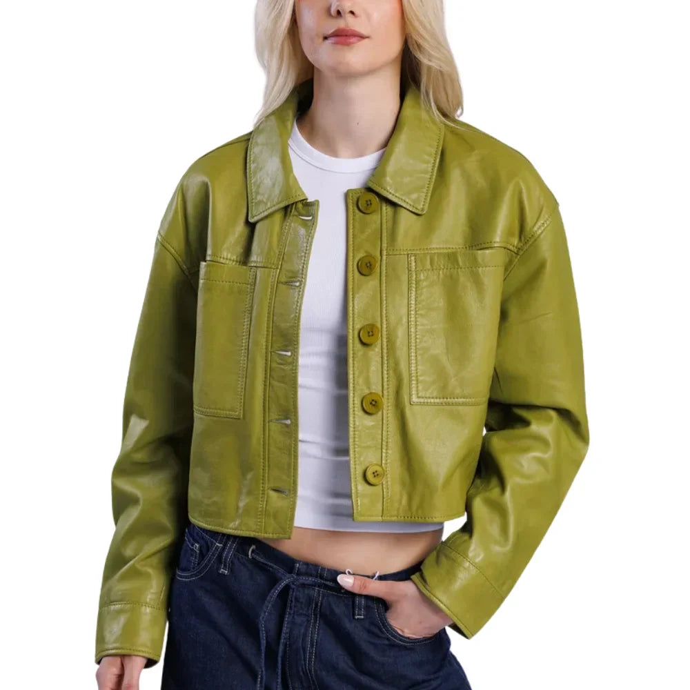 Women’s Green Cropped Real Leather Jacket with Button Front - Trendy Jacket
