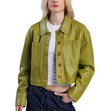 Women’s Green Cropped Real Leather Jacket with Button Front - Trendy Jacket
