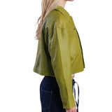 Women’s Green Cropped Real Leather Jacket with Button Front - Trendy Jacket