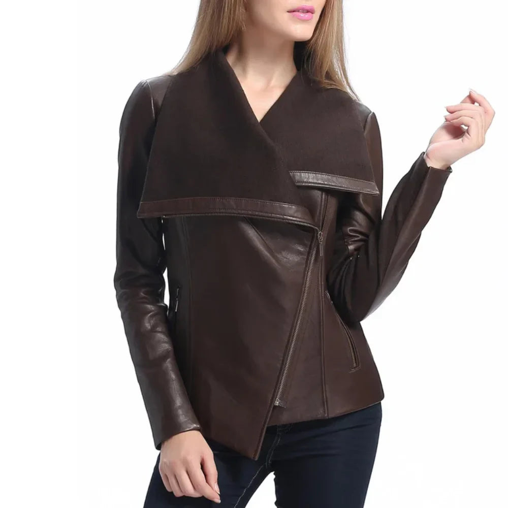 Women’s Asymmetrical Brown Leather Jacket with Wool Blend Overlay - Trendy Jacket