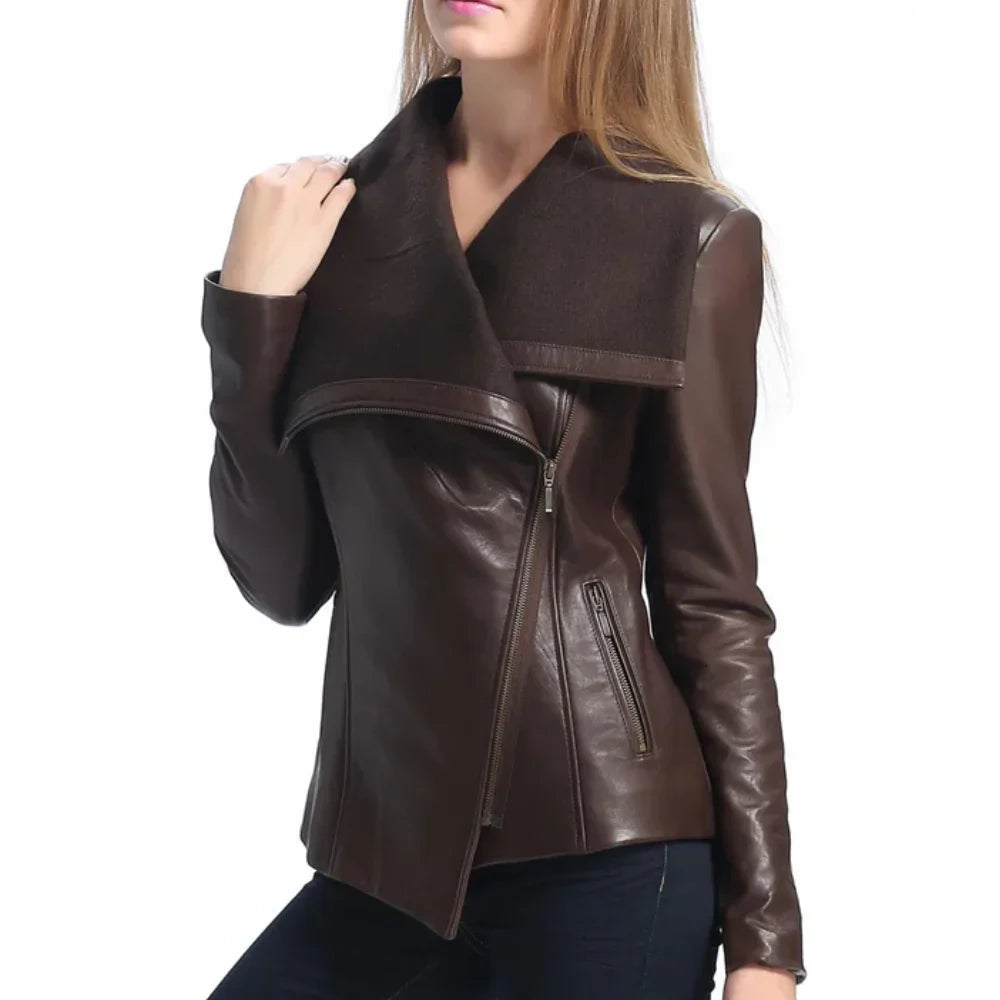 Women’s Asymmetrical Brown Leather Jacket with Wool Blend Overlay - Trendy Jacket