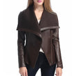 Women’s Asymmetrical Brown Leather Jacket with Wool Blend Overlay - Trendy Jacket