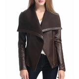 Women’s Asymmetrical Brown Leather Jacket with Wool Blend Overlay - Trendy Jacket
