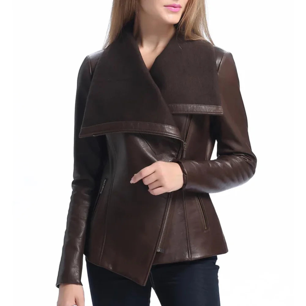 Women’s Asymmetrical Brown Leather Jacket with Wool Blend Overlay - Trendy Jacket
