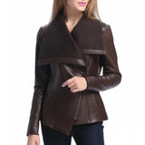 Women’s Asymmetrical Brown Leather Jacket with Wool Blend Overlay - Trendy Jacket