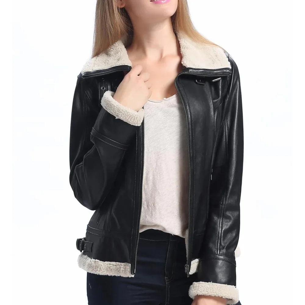 Women’s Black Leather Aviator Jacket with Sherpa Collar