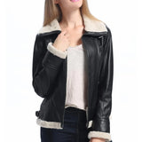 Women’s Black Leather Aviator Jacket with Sherpa Collar