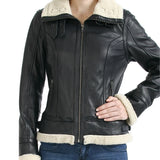 Women’s Black Leather Aviator Jacket with Sherpa Collar