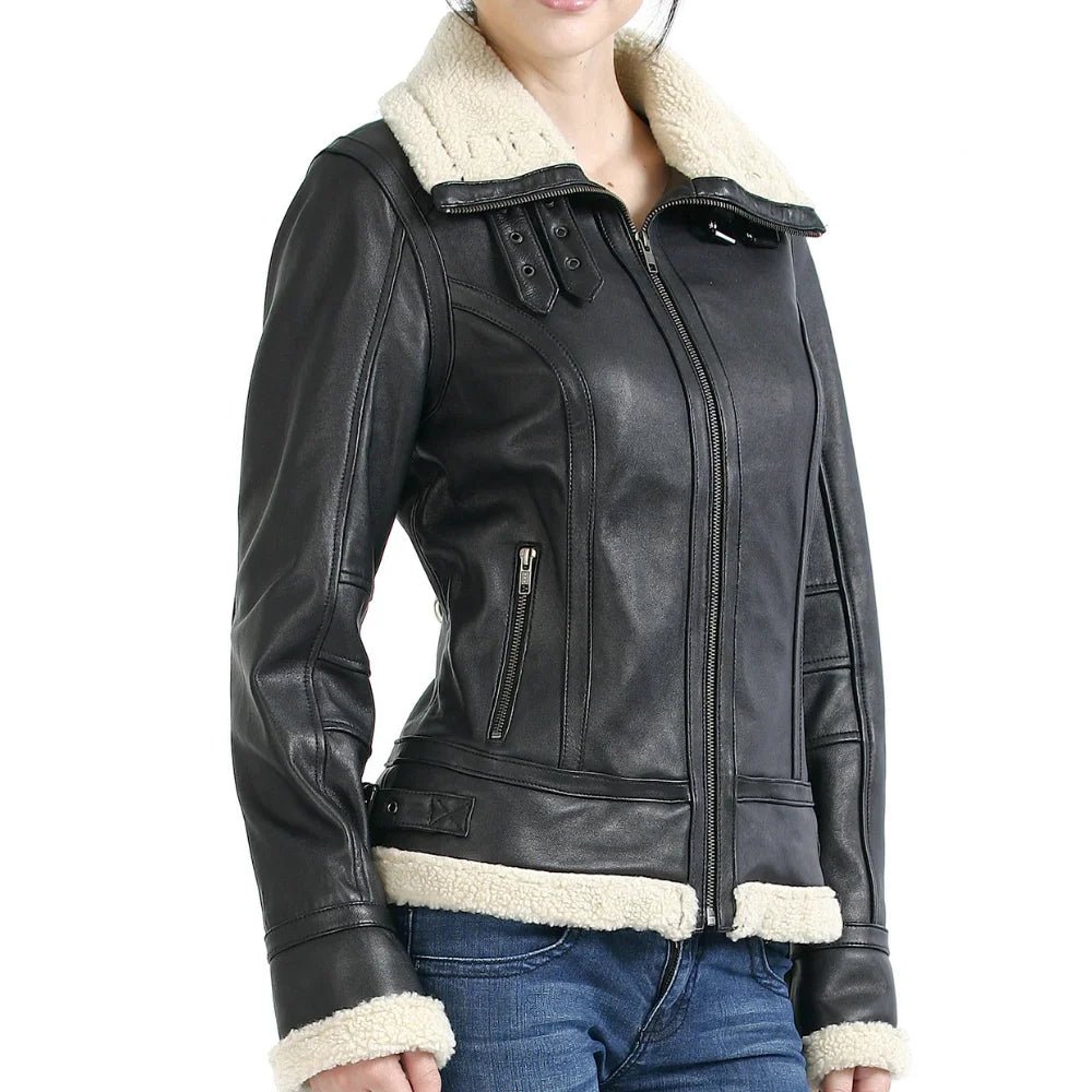 Women’s Black Leather Aviator Jacket with Sherpa Collar