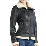 Women’s Black Leather Aviator Jacket with Sherpa Collar