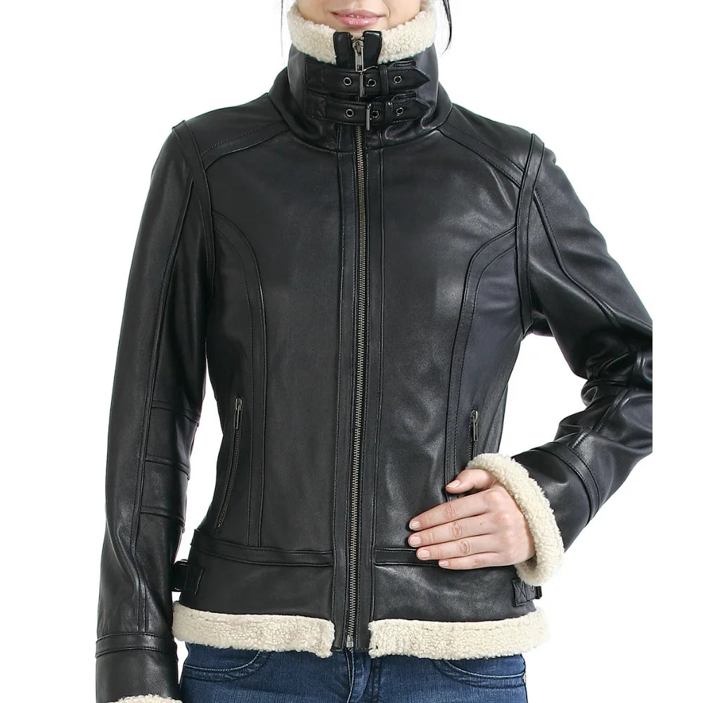 Women’s Black Leather Aviator Jacket with Sherpa Collar