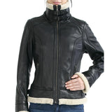 Women’s Black Leather Aviator Jacket with Sherpa Collar