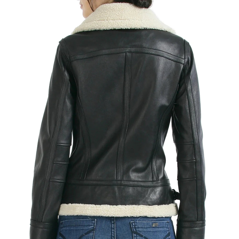 Women’s Black Leather Aviator Jacket with Sherpa Collar