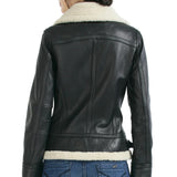 Women’s Black Leather Aviator Jacket with Sherpa Collar