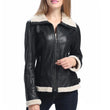 Women’s Black Leather Aviator Jacket with Sherpa Collar