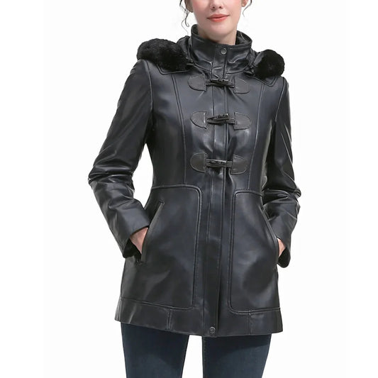 Women's-Black-Hooded-Leather-Duffle-Coat