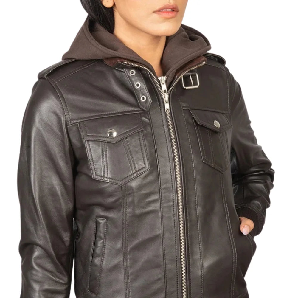 Women's-Bomber-Leather-Hooded-Dark-Brown-Jacket