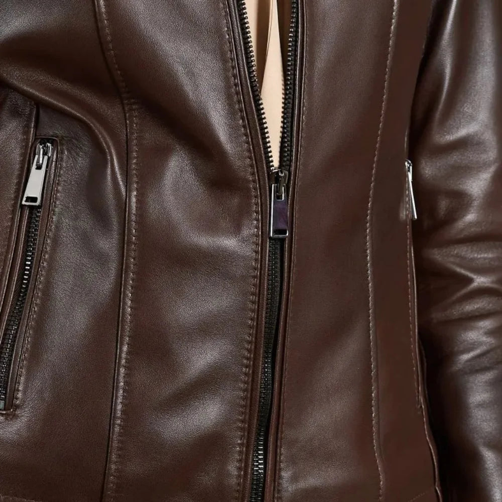 Women's-BrownLeather-Jacket-Zipper-Pockets