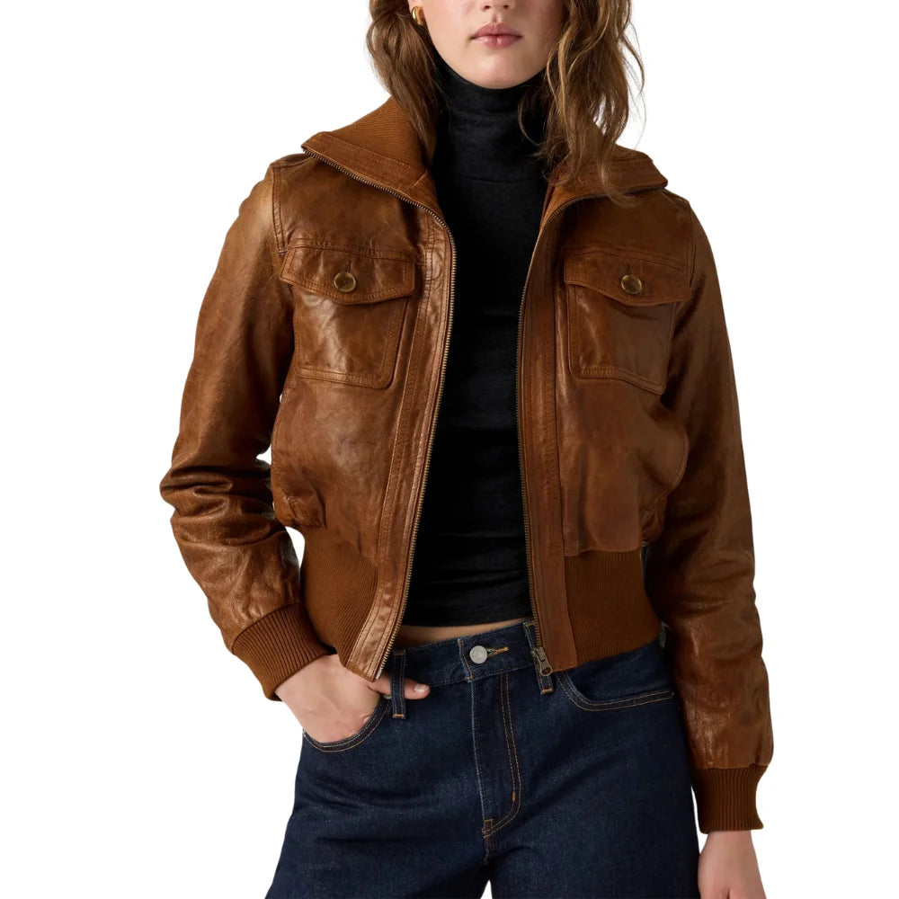 Women's-Cognac-Brown-Leather-Bomber-Jacket