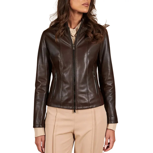 Women's-Dark-Brown-Leather-Stand-Collar-Jacket