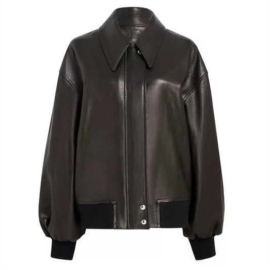 Women's-Dark-Brown-Oversized-Leather-Bomber-Jacket
