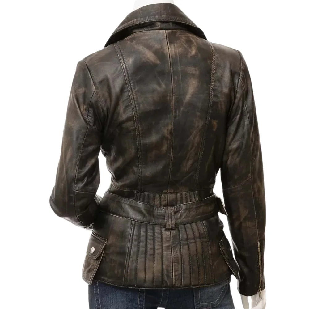 Women's-Distressed-Dark-Brown-Leather-Belted-Biker-Jacket
