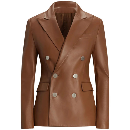 Women's-Double-Breasted-Brown-Leather-Blazer