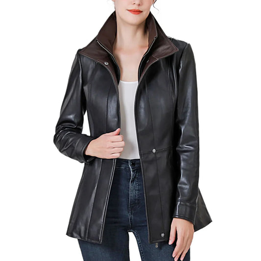Women’s High-Collar Black Lambskin Leather Jacket with Brown Details