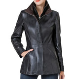 Women’s High-Collar Black Lambskin Leather Jacket with Brown Details